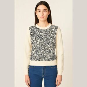 Tory Burch Embroidered Scribble Doodle Graphic Floral Sweater- Size Small